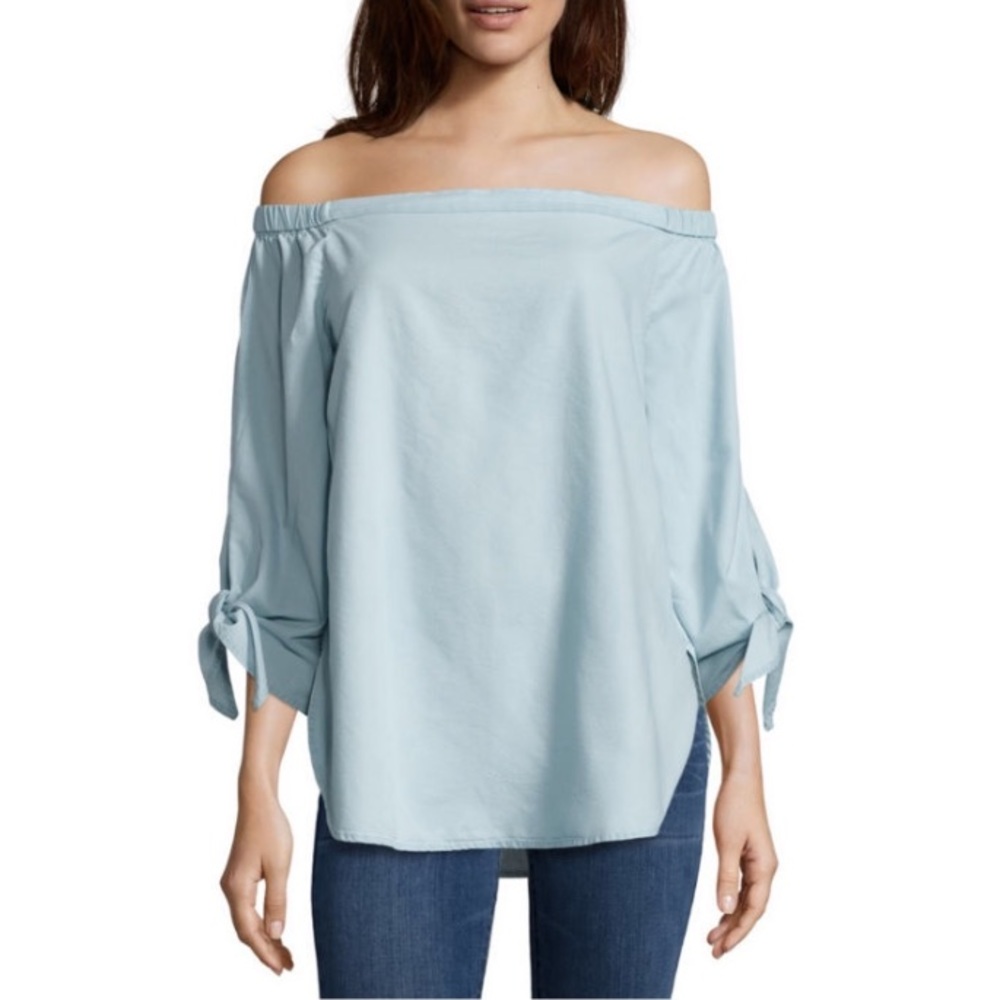 a.n.a. Cold Shoulder Tiered Blouse Tie 3/4 Sleeve Light Blue Denim Womens Medium